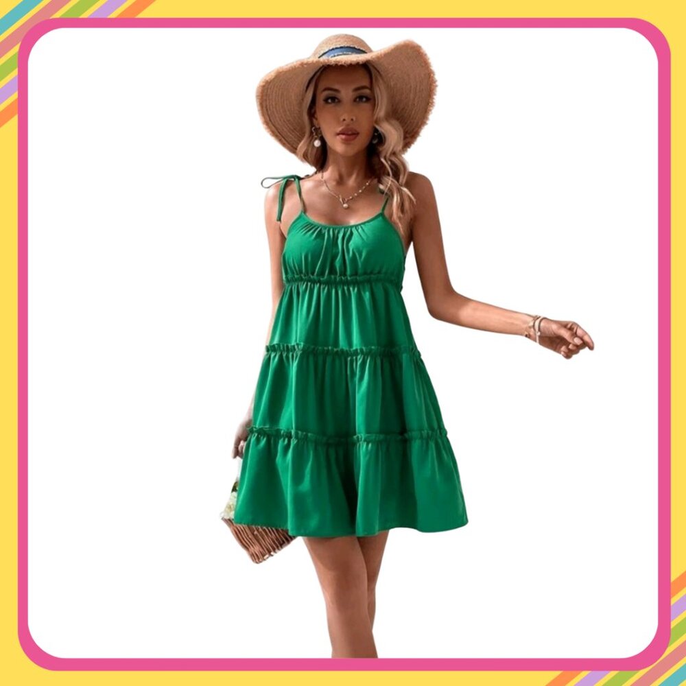 Tie-shoulder Ruffle-Hem Cami Green Dress – Size Large (like M)